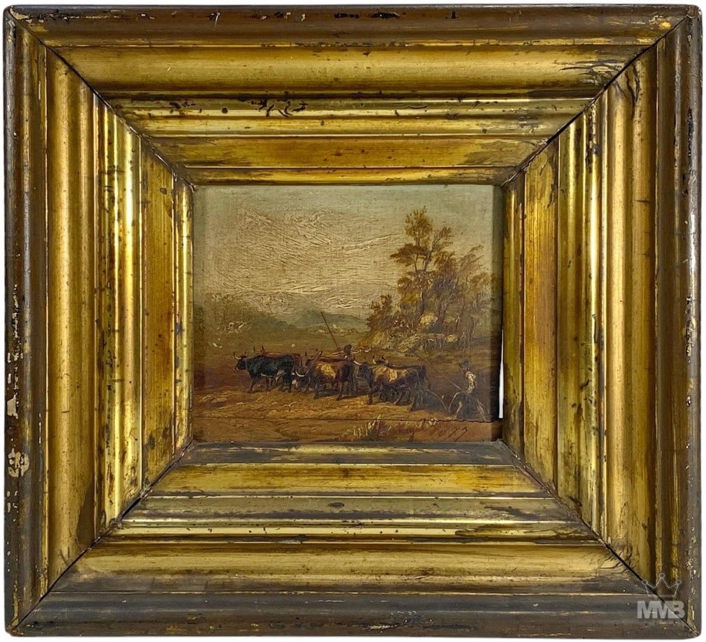 Antique European Landscape Oil Painting on Wood: 19th century, antique oil painting on wood panel depicting oxen and figures in a pastoral landscape. Hand signed illegibly to the lower edge, Portugal dated 1877. Presented in a gilt wooden frame. Wor