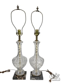 Mid Century Clear Crystal & Marble Lamps 2pc LOT
