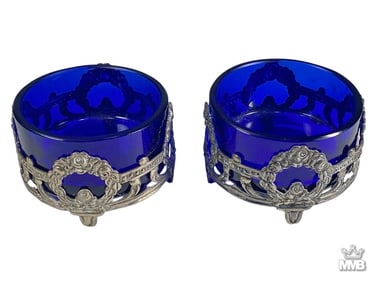 Pair of 800 Silver Cobalt Blue Glass Salt Cellars