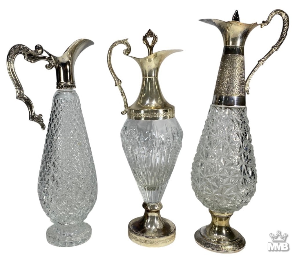English Silverplated & Crystal Decanters 3pc LOT (1 of 5)