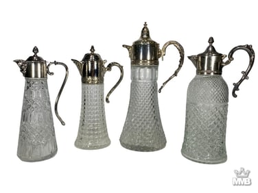 English Silverplate & Clear Crystal Decanters 4pcs