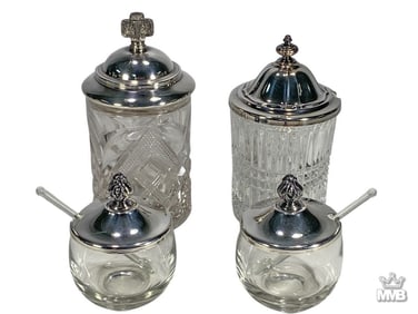 Silverplate & Clear Crystal Condiment Jars 4pc LOT