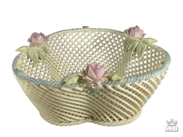 Rare Belleek Porcelain Basketweave Floral Bowl