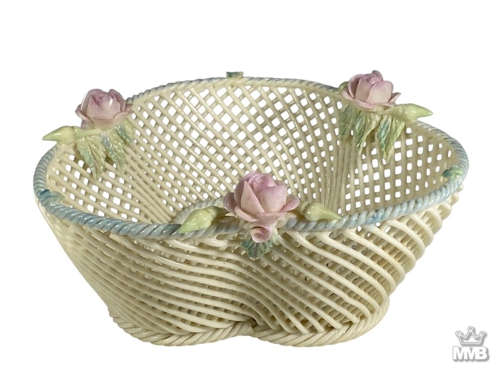 Rare Belleek Porcelain Basketweave Floral Bowl (1 of 6)