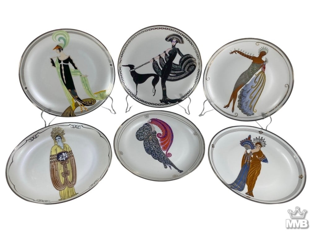 House of Erte L/E Porcelain Dishes 6pc SET: Set of six fine porcelain decorative dishes by House of Erte for Franklin Mint. Each dish features Art Deco inspired designs with gilt trim. Each dish marked on verso House of Erte, Limited Edition, F