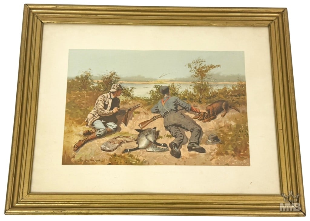 'Goose Hunting' Chromolithograph after Remington: Chromolithograph after Frederic Remington (American, 1861 - 1909) depicting two hunters resting on the ground with their rifles and gear beside them, accompanied by their dog companion and freshly hun