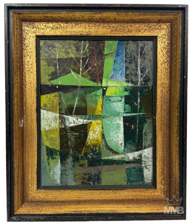 Shirokichi Kawaguchi Japanese Abstract Oil Canvas: Shirokichi Kawaguchi (Japanese, born 1911) oil painting on canvas hat presents an abstracted landscape composed of geometric planes in layered greens, blues, yellows, and whites, intersected with line