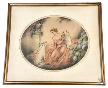 LC Renart Woman w/ Borzois Lithograph Icart Style