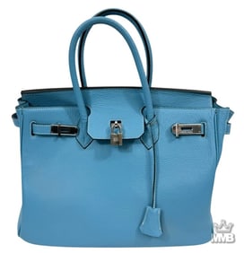Birkin Inspired Blue Leather Handbag Purse w/ Lock