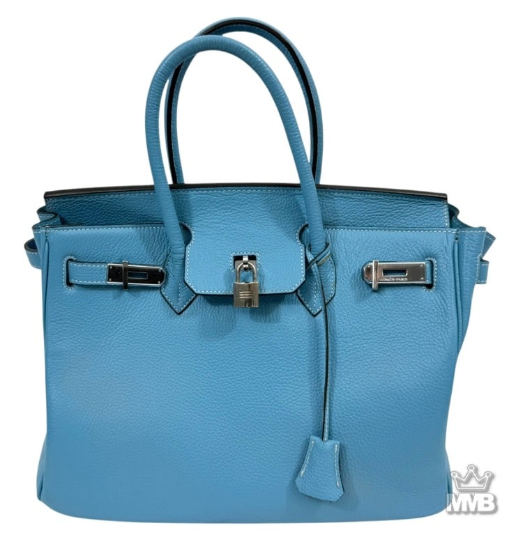 Birkin Inspired Blue Leather Handbag Purse w/ Lock (1 of 9)