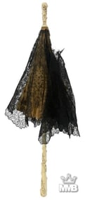 Victorian Black Lace & Carved Handled Parasol