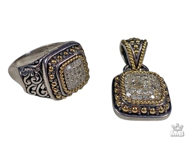 B.J.O Sterling & 14K Gold Ring & Pendant 2pc LOT