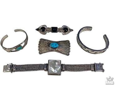 Sterling Turquoise, Onyx, Abalone Jewelry 5pc LOT