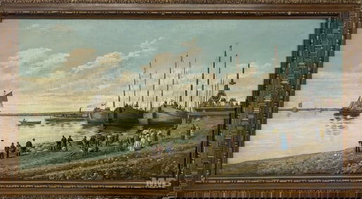 19th C. Oil Painting on Canvas Harbour SIGNED