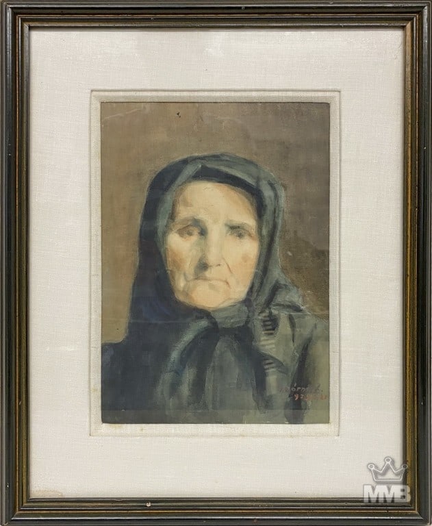 Antique Portrait Watercolor Painting ARTIST SIGNED: Antique, early 20th century watercolor painting on paper of an elderly Hungarian woman in a dark headscarf, depicted with a somber expression against a muted background. Hand signed illegibly to lower