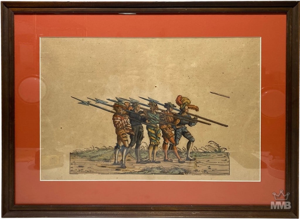 Vintage German Court XV C Soldiers Woodcut Print: Woodcut print on paper depicting a group of German mercenary soldiers carrying pikes, in elaborate 15th-century attire with plumed helmets. Backing includes a typed note attributing to Burgkmair with 