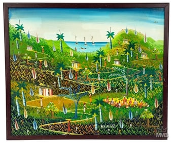 Haitian School Folk Art Painting Signed M Bertrand