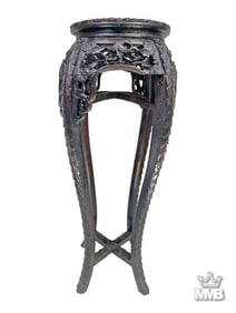 Antique Chinese Carved Wood & Marble Top Pedestal