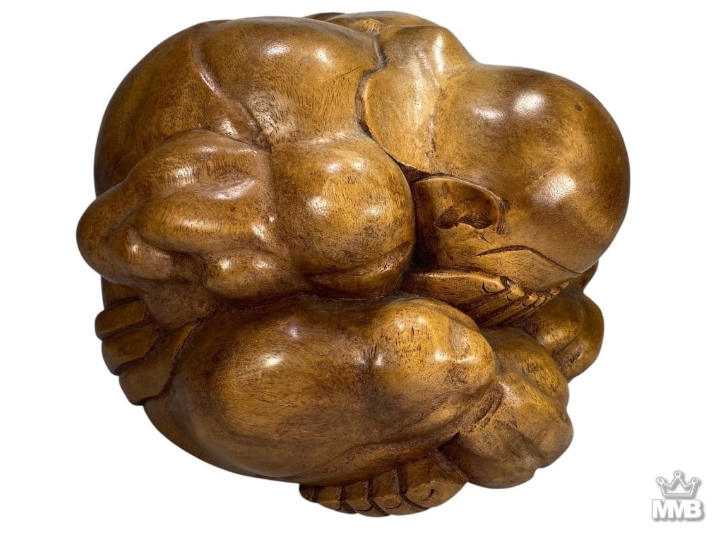 Asian Carved Wood Crouching Figure Sculpture (1 of 7)