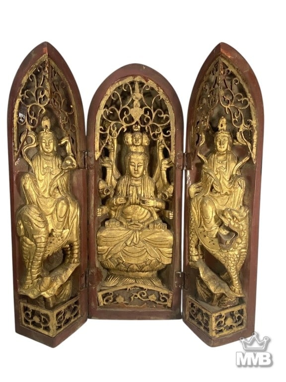 Antique Tibetan Buddhist Carved Wood Triptych (1 of 7)