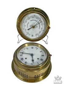 Vintage Brass Nautical Barometer & Clock 2pc LOT