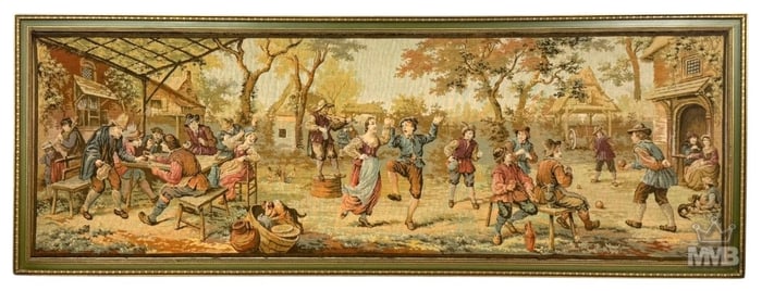 French Large Framed Garden Tapestry Tavern Scene