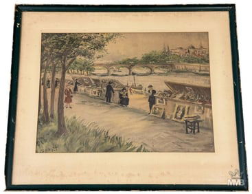 Parisian River Scene Mixed Media Signed B. Maget