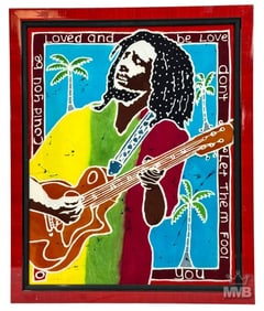 Framed Batik Textile Art of Bob Marley with Guitar