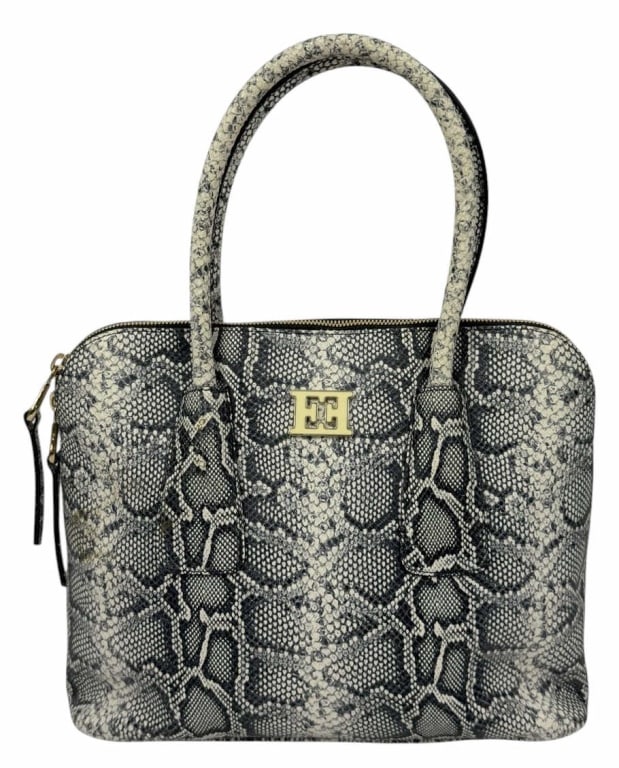Escada Snakeskin-Pattern Gold-Tone Handbag Purse: Escada, designer handbag crafted in Italy with a snakeskin-patterned exterior and dual rolled handles. Features gold-tone hardware including a front logo plaque and zip closure. The interior is lined