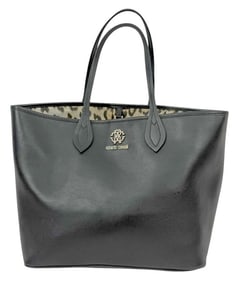 Roberto Cavalli Black Leather Tote w Leopard Print