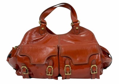 Escada Glossy Red Patent Leather Buckle Tote Bag