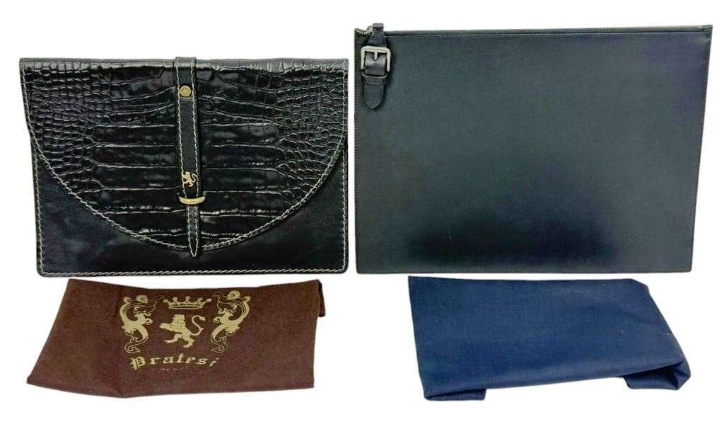 Ralph Lauren & Pratesi Firenze Leather Portfolios: Lot of two fine quality Italian leather portfolios, ideal for documents and devices. To include a Ralph Lauren minimalist smooth black leather portfolio with a full zipper closure and buckle detail. A