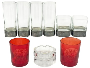 Gianni Versace Greek Key Glasses & Ashtray 9pc LOT