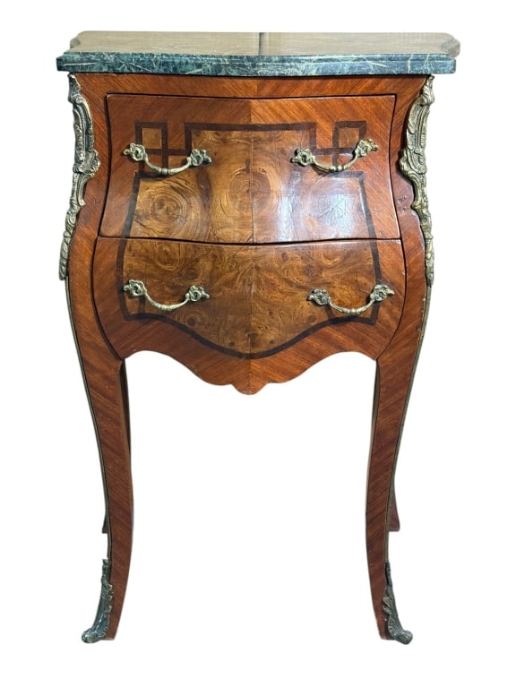 French Louis XV Style Marble Top Nightstand: French Louis XV style nightstand with green marble top, bombe-form case, two drawers with burled veneer inlay, and gilt bronze mounts on cabriole legs. Dimensions: 28.5 X 19 X 14 in. Condition: Goo