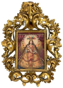 Cuzco School Icon of Madonna & Child Oil on Board