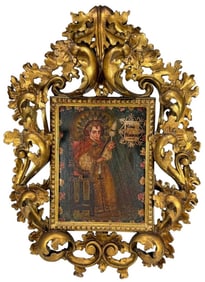 Cuzco School Icon of Spinner Boy Oil on Board