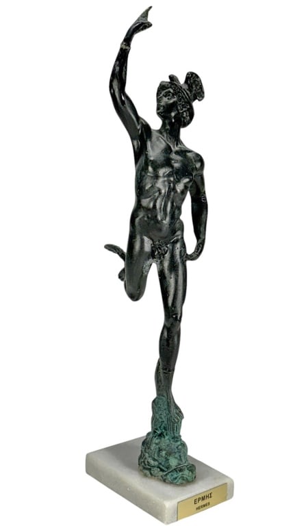 Grand Tour Bronze Sculpture of Mercury Figure: Grand Tour bronze sculpture of Mercury (Hermes), nude with winged helmet and sandals, poised on a mythological mask base. Mounted on a square marble plinth with brass plate inscribed 'HERMES.'Dimensio
