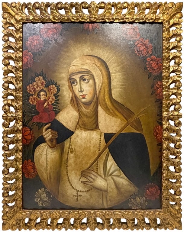 Saint Rose of Lima Cuzco School Oil on Canvas: Cuzco School oil depiction of St. Rose of Lima in Dominican habit with halo, palm frond, and Christ Child with roses, framed by floral motifs and gilded highlights. Work Size: 30.75 x 23.5 in. Dimensi