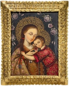 Cuzco School Virgin & Child Oil Painting on Canvas