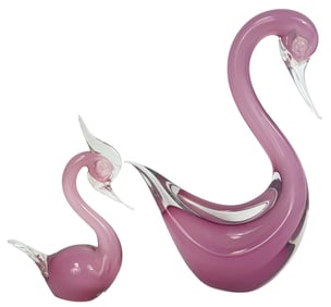 Italian Murano Pink Swan Art Glass Sculptures 2pcs