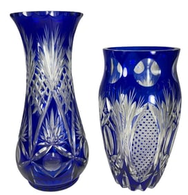 Crystal Blue Cut to Clear Bohemian Vases 2pc LOT