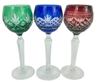 Bohemian Cut Crystal Hock Wine Glasses 3pc SET