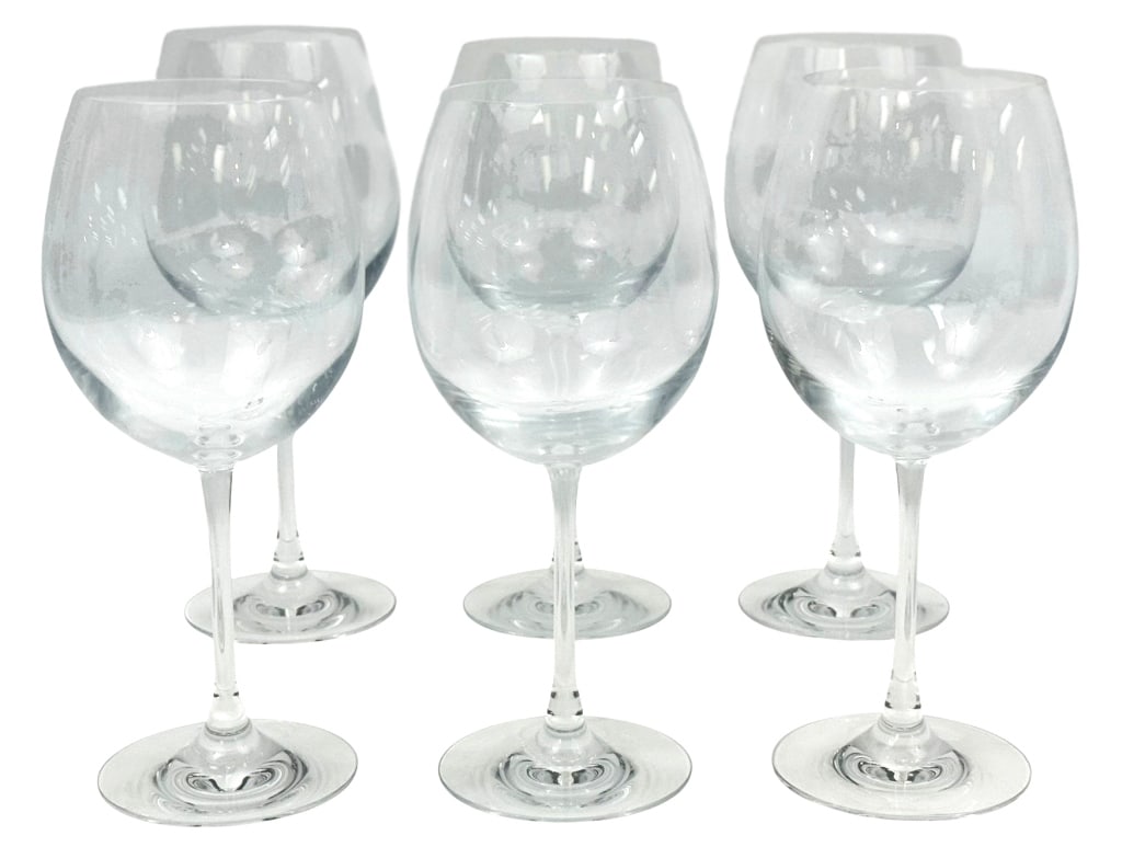 Baccarat French Crystal Red Wine Glasses 6pc SET: Baccarat set of six clear crystal red wine glasses. Some pieces are signed 'Baccarat' on the foot, and all of the glasses bear the acid-etched stamp underneath their bases. Each piece measures approxi