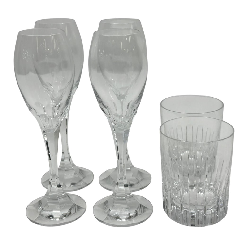 Baccarat Crystal Wine & Whiskey Glasses 6pc LOT: Group of six Baccarat French crystal glasses, including four tall wine goblets and two whiskey tumblers. The Baccarat etched hallmark is visible on the base of each glass. The whiskey glasses each mea
