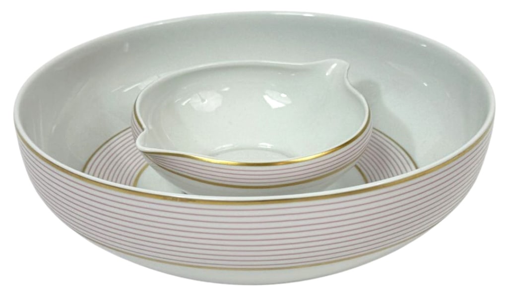 Raynaud Limoges French Porcelain Bowl & Sauce Boat: Raynaud & Cie Limoges porcelain serving pieces, including one round center bowl and one handled sauce boat with matching attached underplate. Each is decorated with fine pink bands and gilt accents on