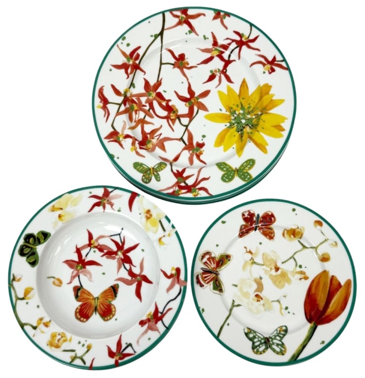 Lulu DK Petals Porcelain Dinnerware 12pc SET: Lulu DK 'Petals' pattern porcelain China dinnerware service for 4, 12-piece set. Each piece features vibrant floral and butterfly motifs with green borders. The set includes: (4) 11 inch dinner plates