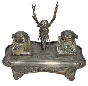 Antique Chinese Export Silver & Glass Inkstand