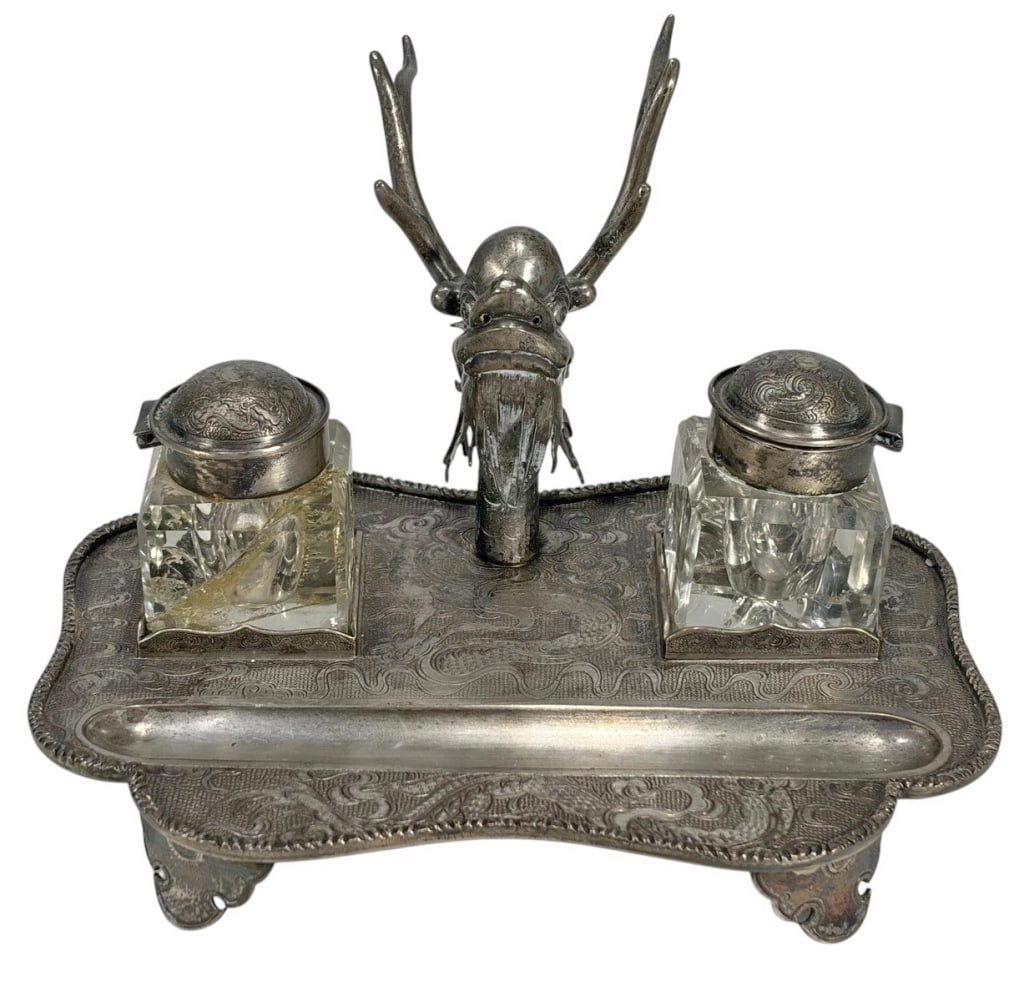 Antique Chinese Export Silver & Glass Inkstand (1 of 11)