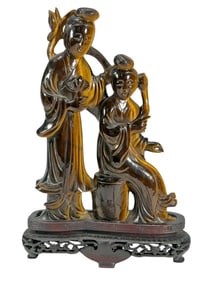 Chinese Carved Tiger Eye & Wood Standing Figurine