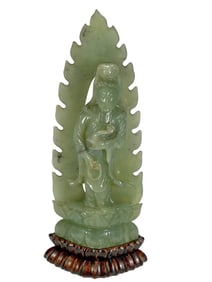 Chinese Carved Jadeite & Wood Standing Figurine